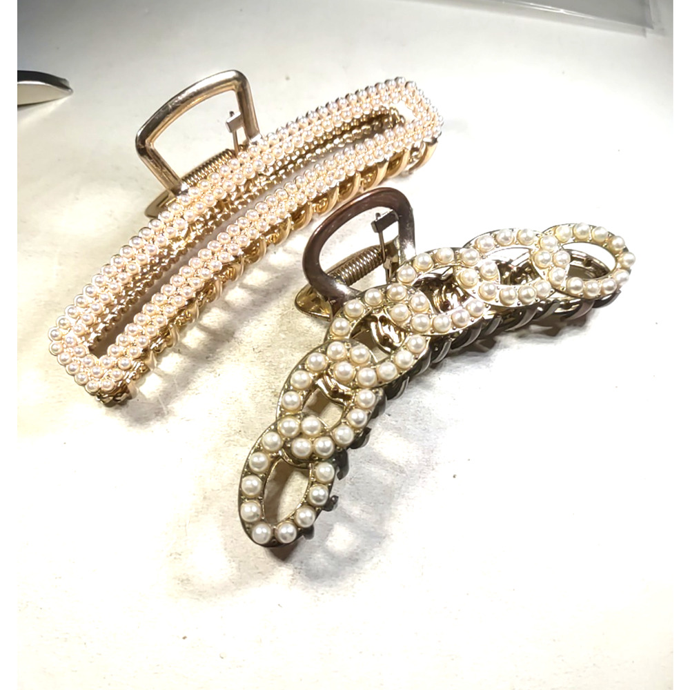 Hair barrette Claw Clips Faux Pearls Gold Tone Lot Of 2